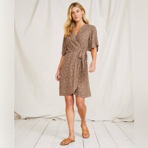 Garnet Hill Womens Hazel Crepe Wrap Dress Size 10 Dune Texture Print Brown Tan